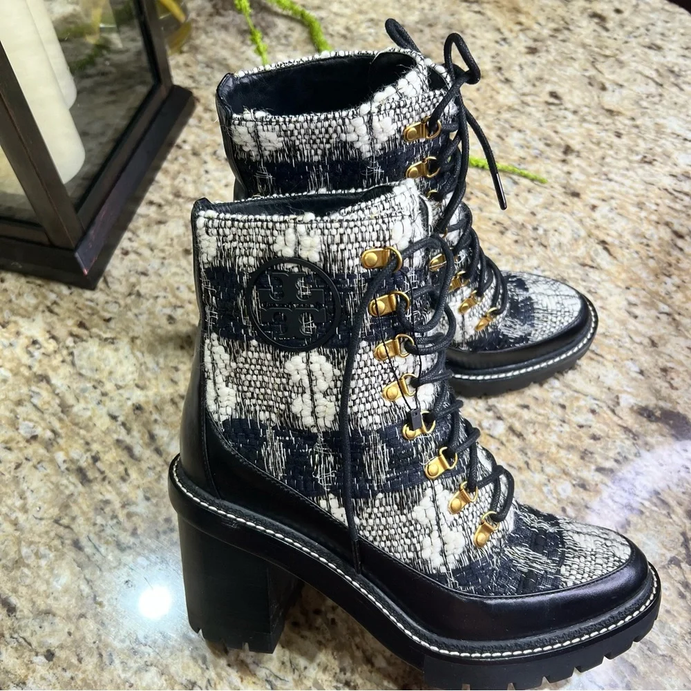 Tory Burch MILLER WOOL BLACK WHITE LUG SOLE BOOTS 10M